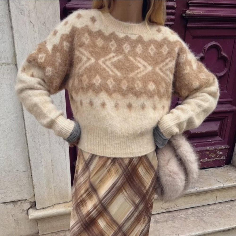 NWT Zara Brushed Fair Isle Abstract Geometric Crewneck Sweater In Ivory/Tan - XS